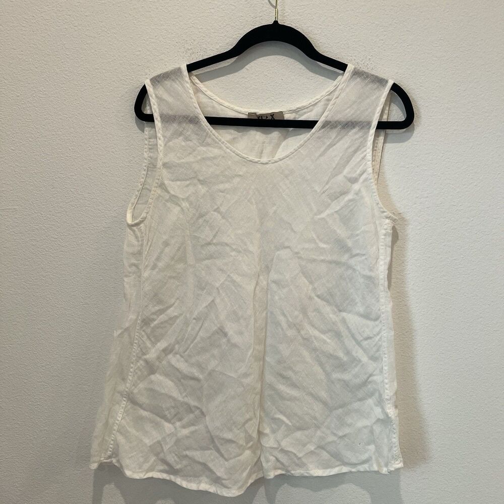Flax Tank Top Womens Medium White Linen Blend Scoop Neck Basic Coastal Neutral